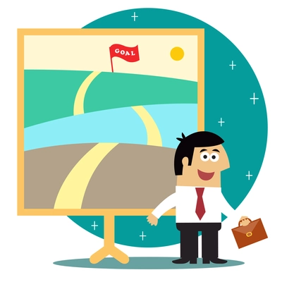 Business life. Metaphor of long journey to achieve goal with personnel staff vector illustration