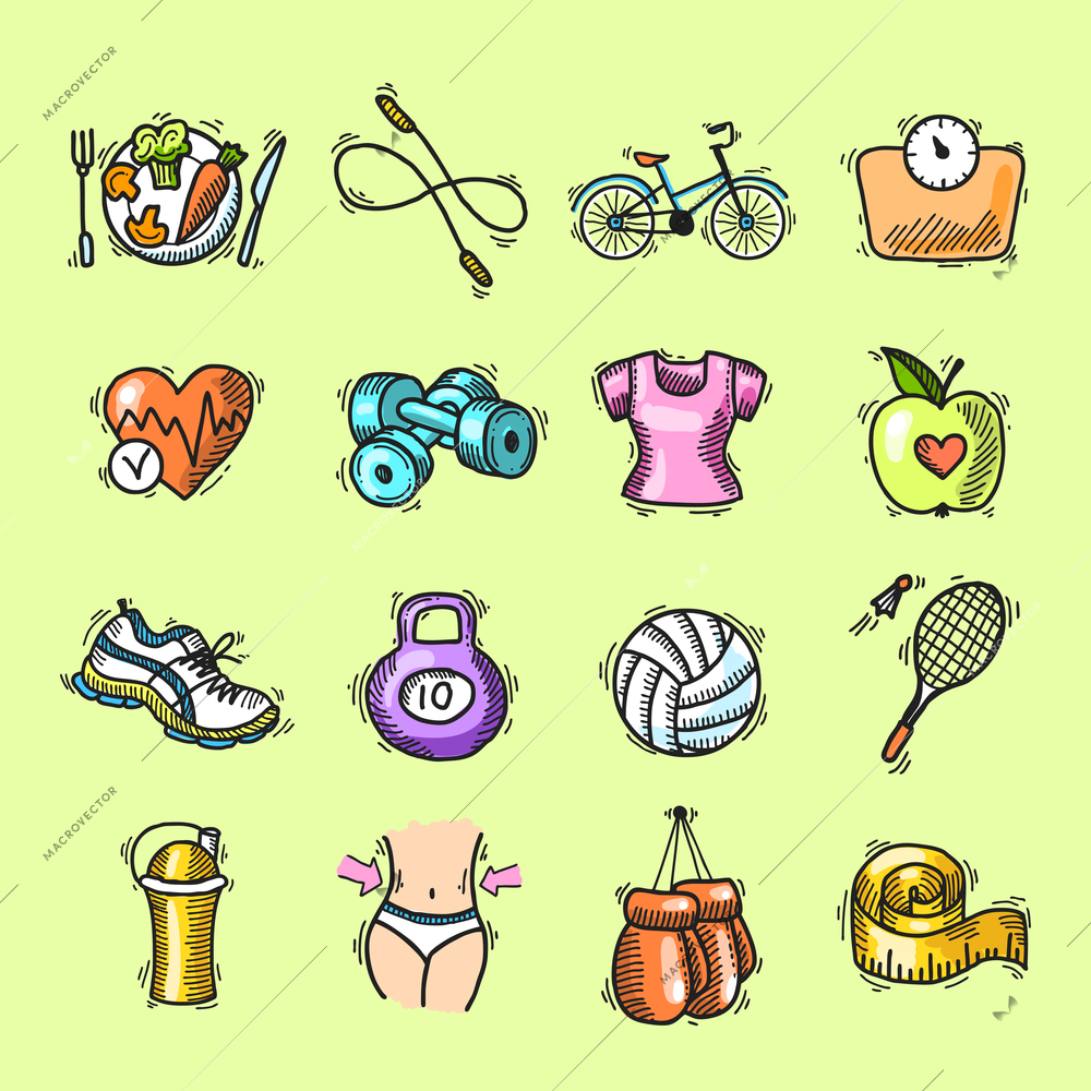 Fitness bodybuilding diet trainer exercise colored sketch decorative icons set isolated vector illustration