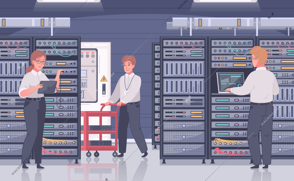 Datacenter cartoon composition with indoor view of room with server cabinets and doodle characters of technicians vector illustration