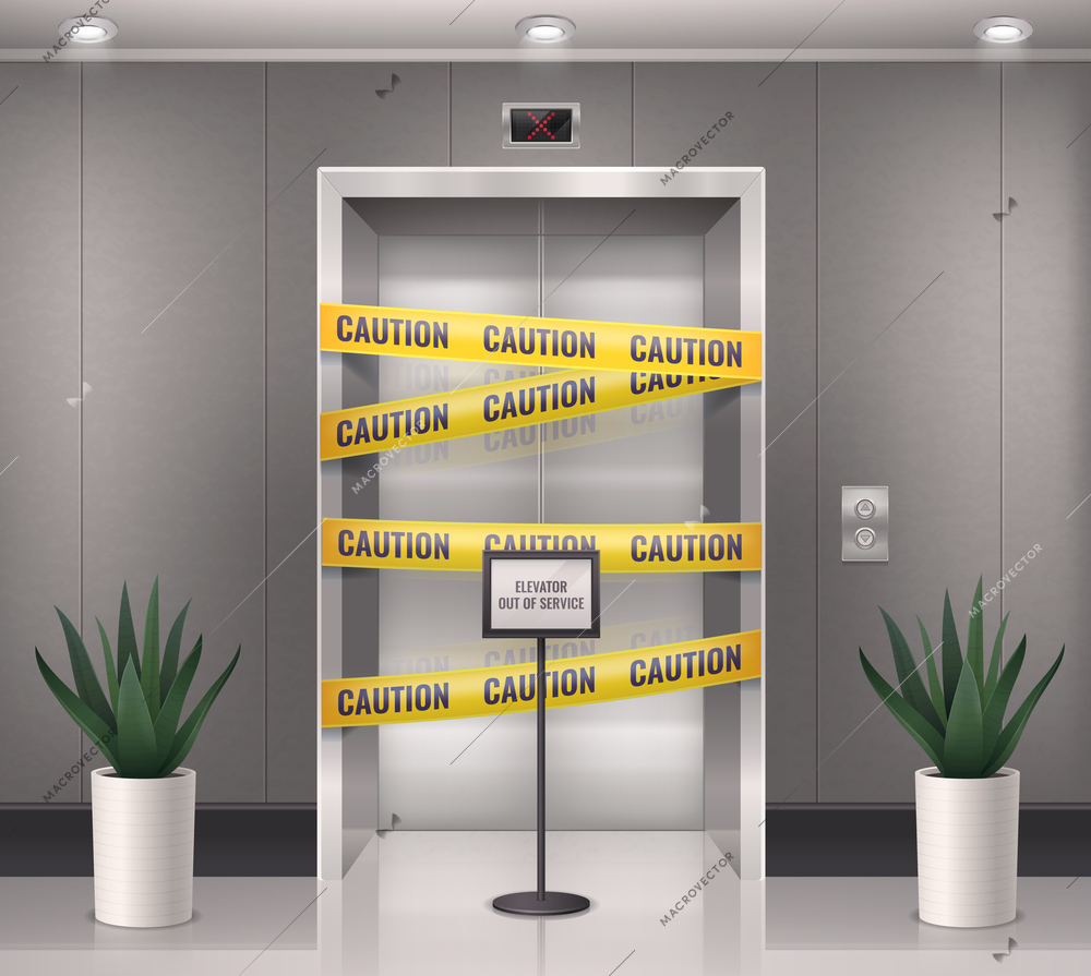 Elevator door realistic composition with indoor view of entrance to the elevator with caution barrier lines vector illustration