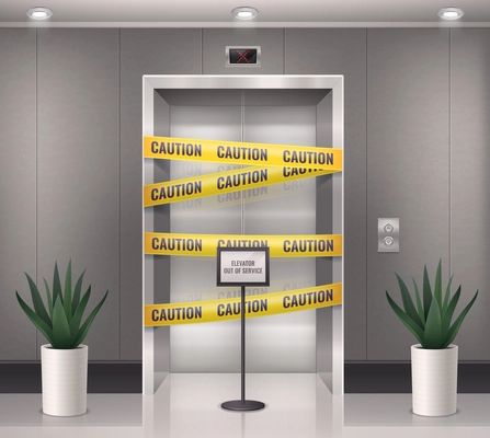 Elevator door realistic composition with indoor view of entrance to the elevator with caution barrier lines vector illustration