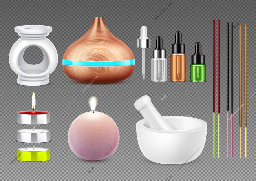 Aromatherapy realistic set with aroma lamp oil warmer candles joss sticks mortar and pestle on transparent background isolated vector illustration