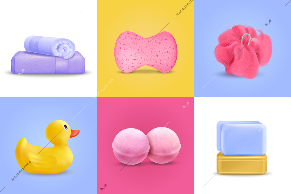 Bath wash design concept set with duckling and soap realistic isolated vector illustration