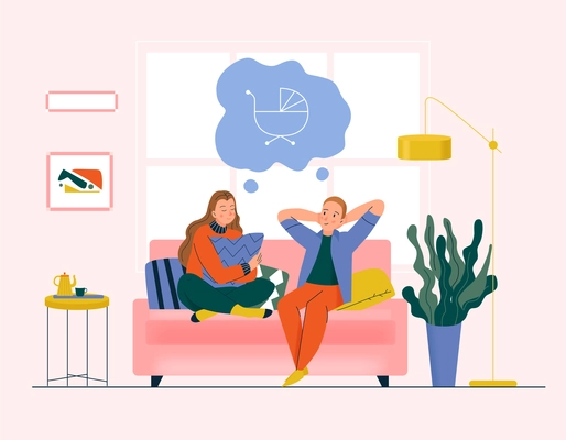 Dreaming couple concept with family and baby symbols flat vector illustration