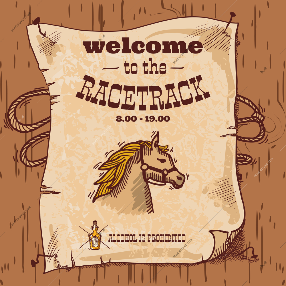 Wild west cowboy hand drawn racetrack poster with horse and lasso vector illustration