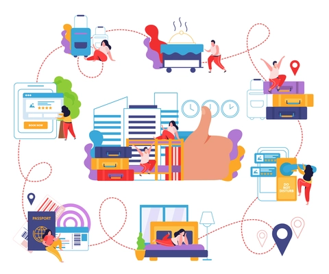 Hostel and tourists flat infographics with people planning trip location markers on map and travelers checkin at hotel vector illustration