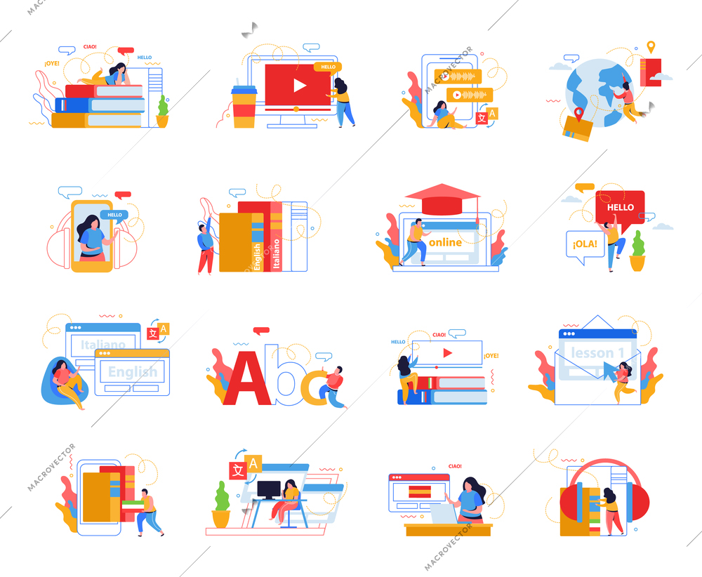 Language school 4x4 flat icons set of people learning foreign language by mobile and pc app isolated vector illustration