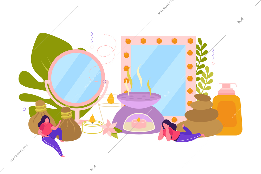 Spa treatment flat concept with ingredients for stone and aroma therapy herbal and healing oils decorative element vector illustration