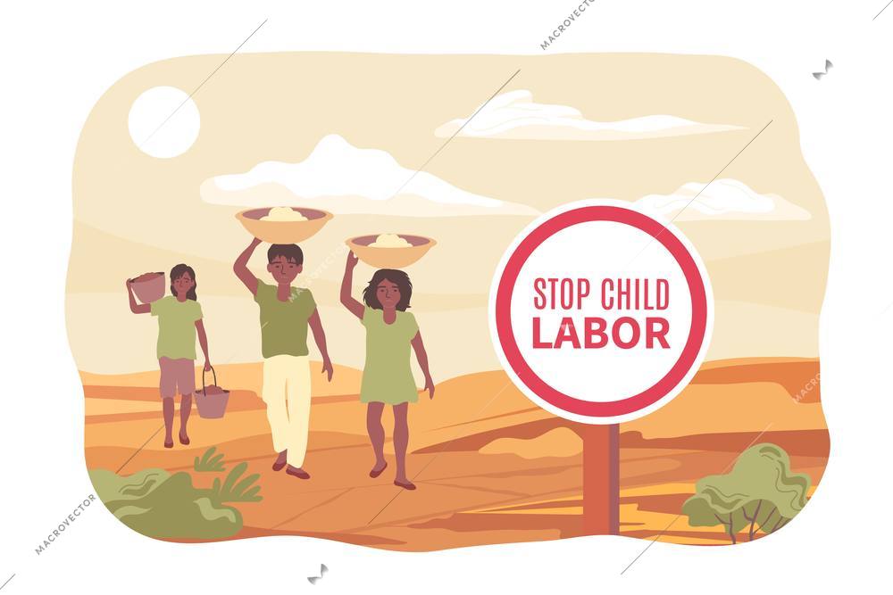 Stop child labor flat poster with three sad children carrying bowls on their heads vector illustration