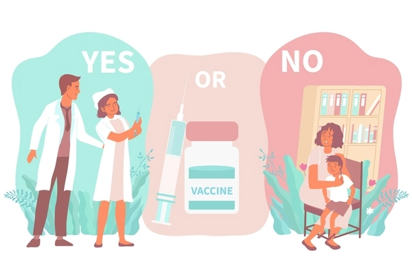 Vaccination yes or no flat poster with smiling doctors scared patient syringe and bottle of vaccine vector illustration