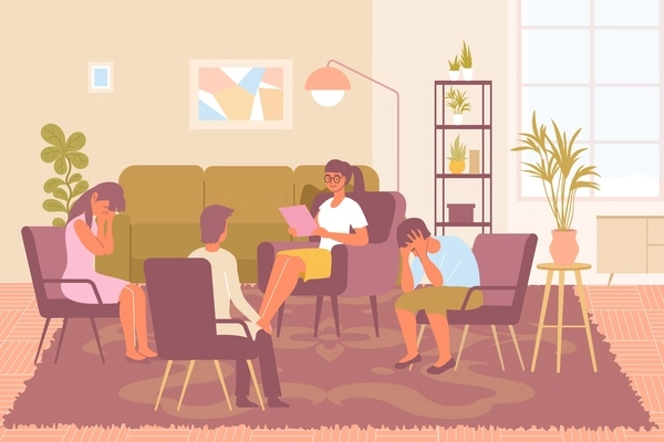 Young female psychologist and three frustrated people during group psychotherapy session at cozy office flat vector illustration