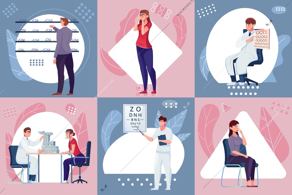 Various scenes in the work of the ophthalmological office flat vector illustration