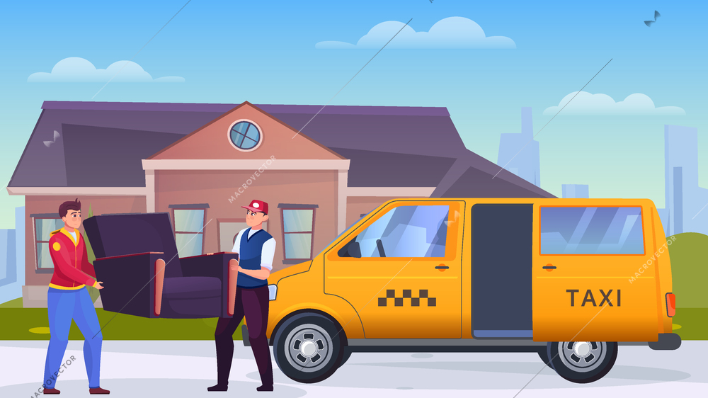 Two men loading a chair into a cargo taxi flat vector illustration