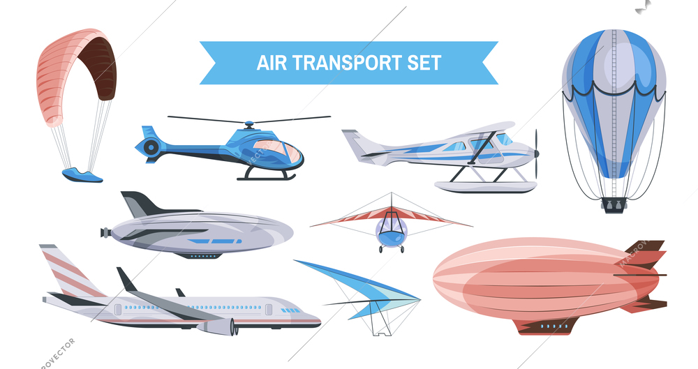 Color icons of aviation transport equipment front and side view set flat vector illustration