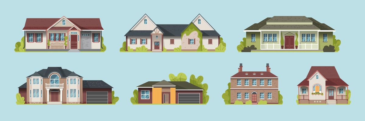 Set of suburban country houses models on a blue background flat vector illustration