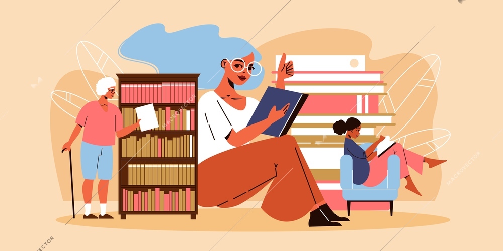 Three women reading and taking book from bookshelf flat vector illustration