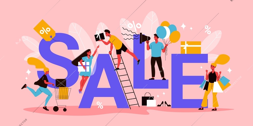 Flat final sale concept with text human characters with purchases and discount tags vector illustration