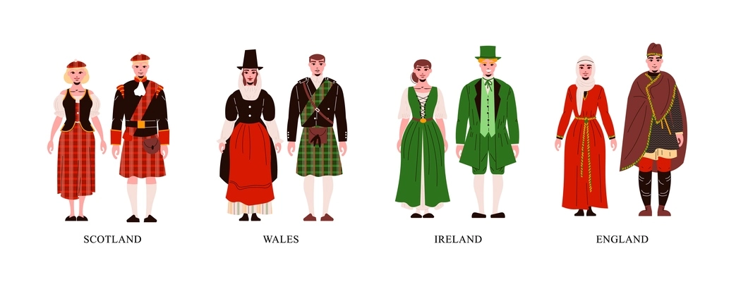 People from scotland wales ireland and england in their national costume flat set isolated vector illustration