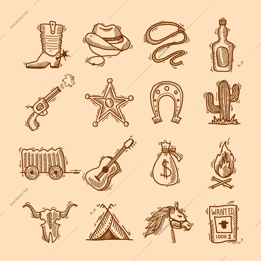 Wild west cowboy hand drawn set with saddle sheriff badge horseshoe isolated vector illustration