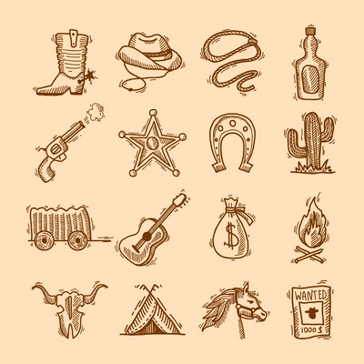 Wild west cowboy hand drawn set with saddle sheriff badge horseshoe isolated vector illustration