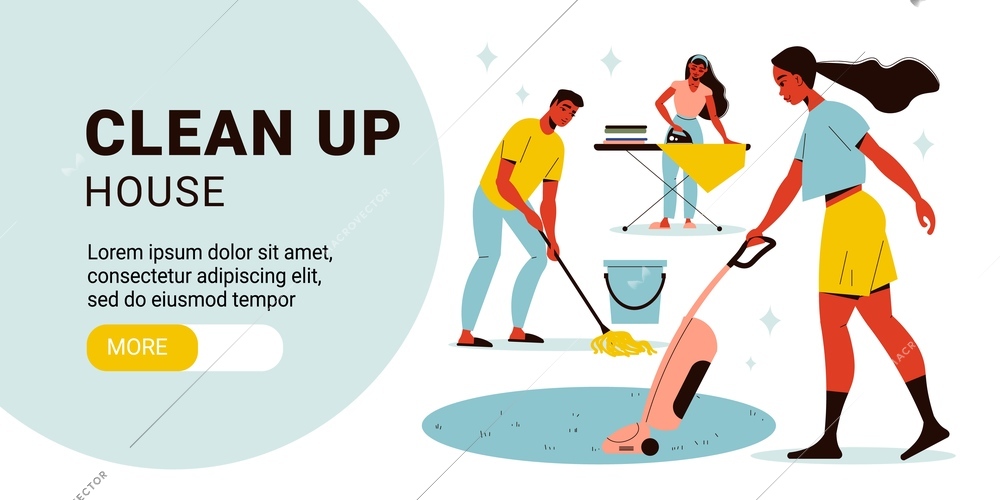 Flat clean up horizontal banner landing page with people doing various housework vector illustration