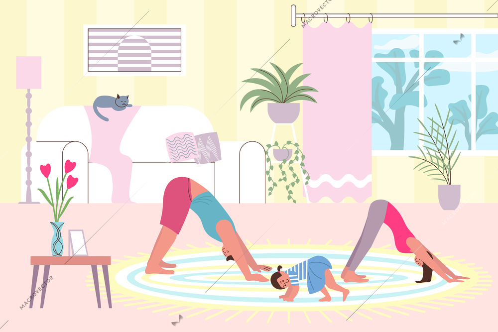 Home gym flat composition with cozy living room scenery and characters of practicing parents and child vector illustration