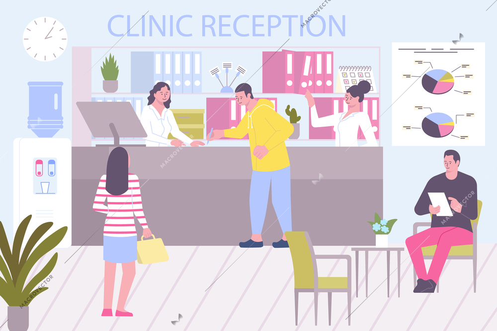 Admission hospital flat composition with clinic reception scenery with counter and doodle characters of waiting people vector illustration