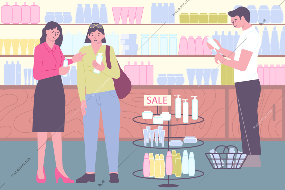 Cosmetic shop flat composition with indoor store scenery shelves with products and doodle characters of clients vector illustration