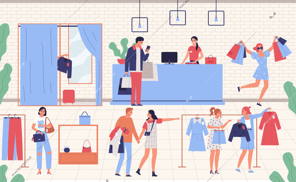 Men and women choosing and buying garments at clothing store flat vector illustration