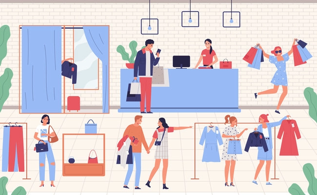 Men and women choosing and buying garments at clothing store flat vector illustration