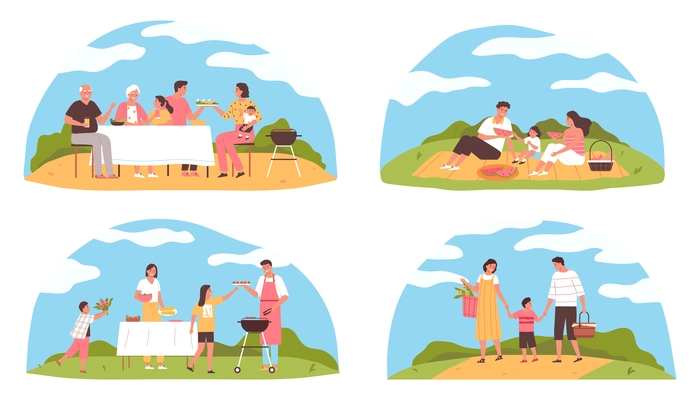 Flat family barbecue picnic compositions set with happy characters cooking eating walking outdoors isolated vector illustration