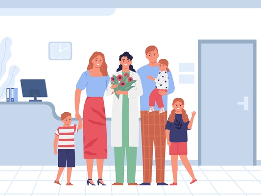 Happy family with three children and female pediatrician holding bunch of flowers standing near doctors office flat vector illustration