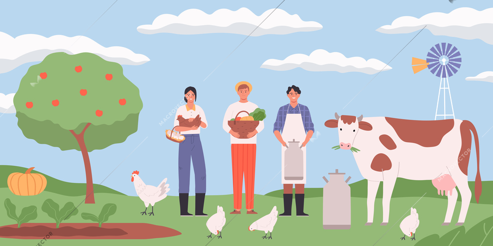Farm landscape flat background with hens cow and happy farmers holding eggs basket with harvest can of milk vector illustration