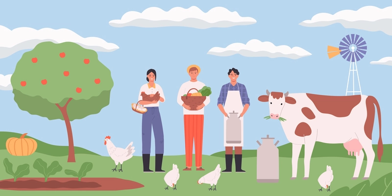 Farm landscape flat background with hens cow and happy farmers holding eggs basket with harvest can of milk vector illustration