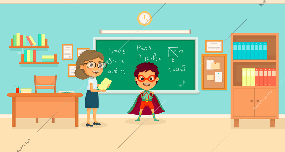 Kids superheroes cartoon concept with the boy in class solved all the equations on the board vector illustration