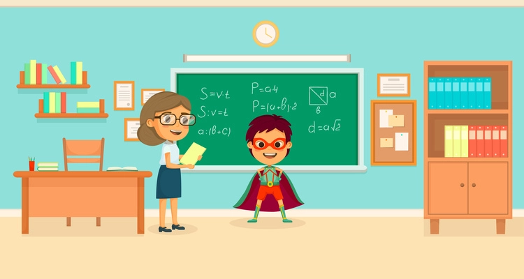 Kids superheroes cartoon concept with the boy in class solved all the equations on the board vector illustration