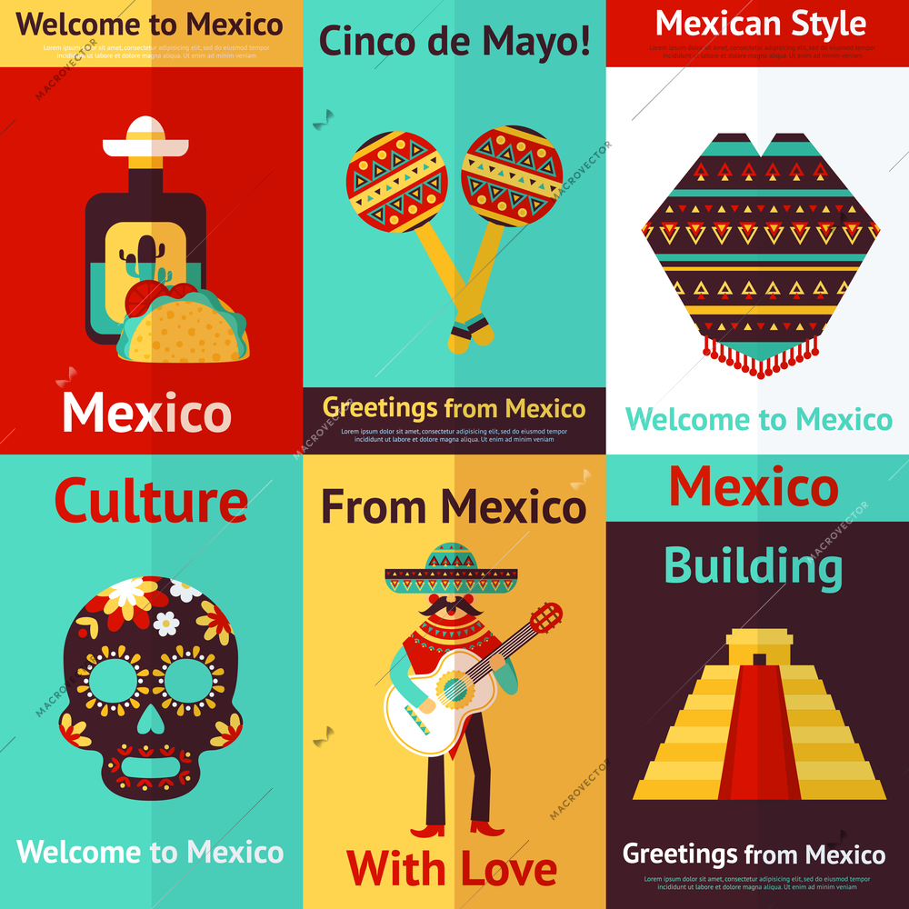 Mexico style culture building travel mini retro posters set isolated vector illustration