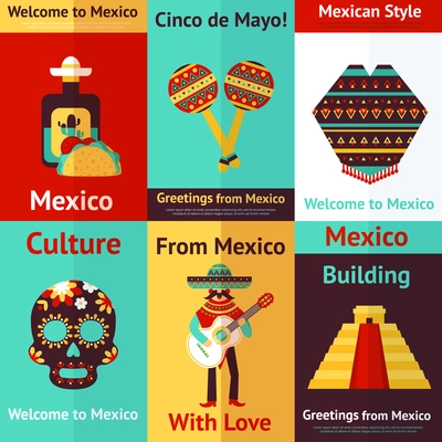 Mexico style culture building travel mini retro posters set isolated vector illustration