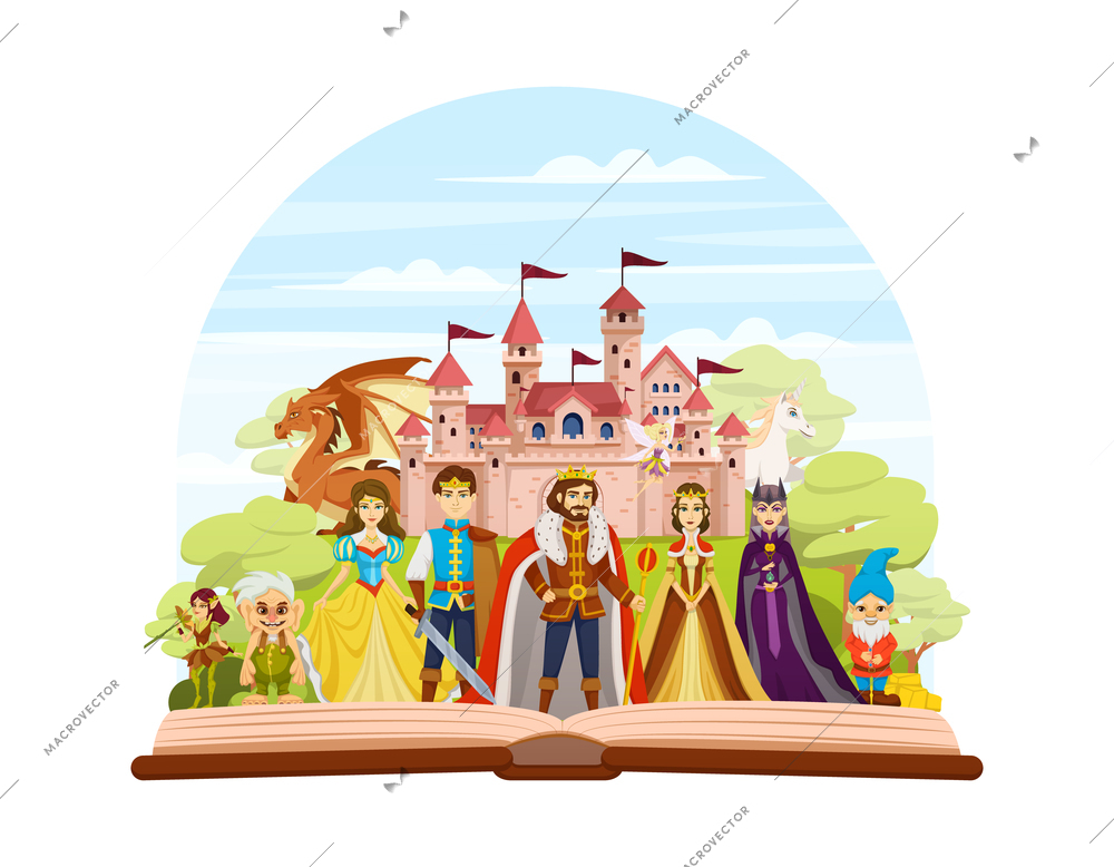 Fairy tale characters cartoon and colored composition with an abstract scene where the characters of the tale stand on book sheets vector illustration