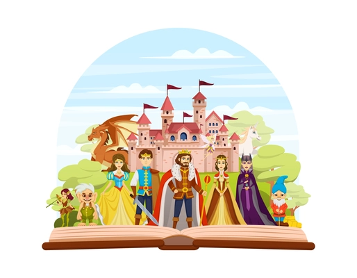 Fairy tale characters cartoon and colored composition with an abstract scene where the characters of the tale stand on book sheets vector illustration