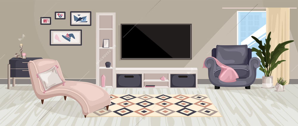 Furniture interior composition with horizontal view of living room with designer furniture paintings and tv set vector illustration