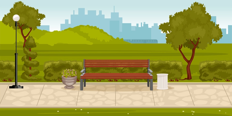 Park composition with outdoor landscape of city park with green hills lane with bench and cityscape vector illustration
