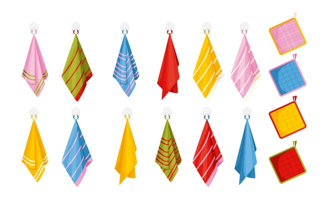 Set of isolated kitchen icons with towels of different color hanging on hooks with pot holders vector illustration