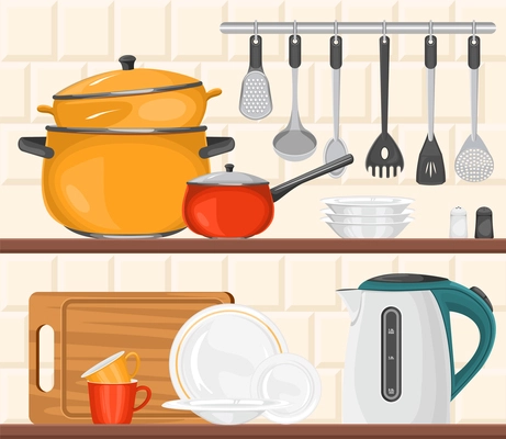 Kitchen composition with front view of equipment for cooking on shelves with cutlery hanging on hooks vector illustration