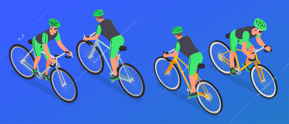 Sport cycling isometric set of isolated bike rider characters on road bicycles with protective hard hats vector illustration