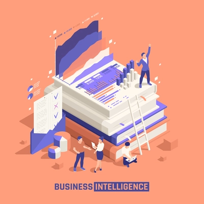 Business intelligence isometric composition with team of creative young people little characters near stack of big scientific books  vector illustration