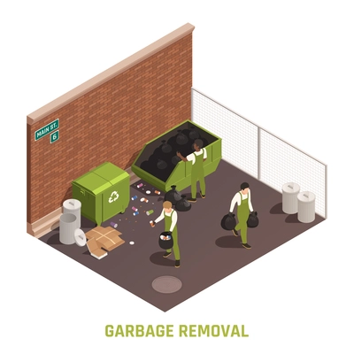 Garbage removal isometric composition with workers in uniform sorting trash and collecting to big container vector illustration