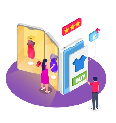 Online shopping isometric design concept with male and female characters choosing their own clothes online by smartphones vector illustration