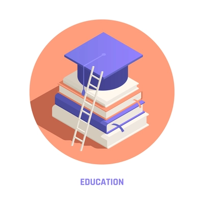 Self promotion branding education communication courses degree round isometric composition with academic hat textbooks ladder vector illustration