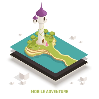 Mobile gaming app creating fairytale adventure with magical castle on smartphone tablet screen isometric composition vector illustration